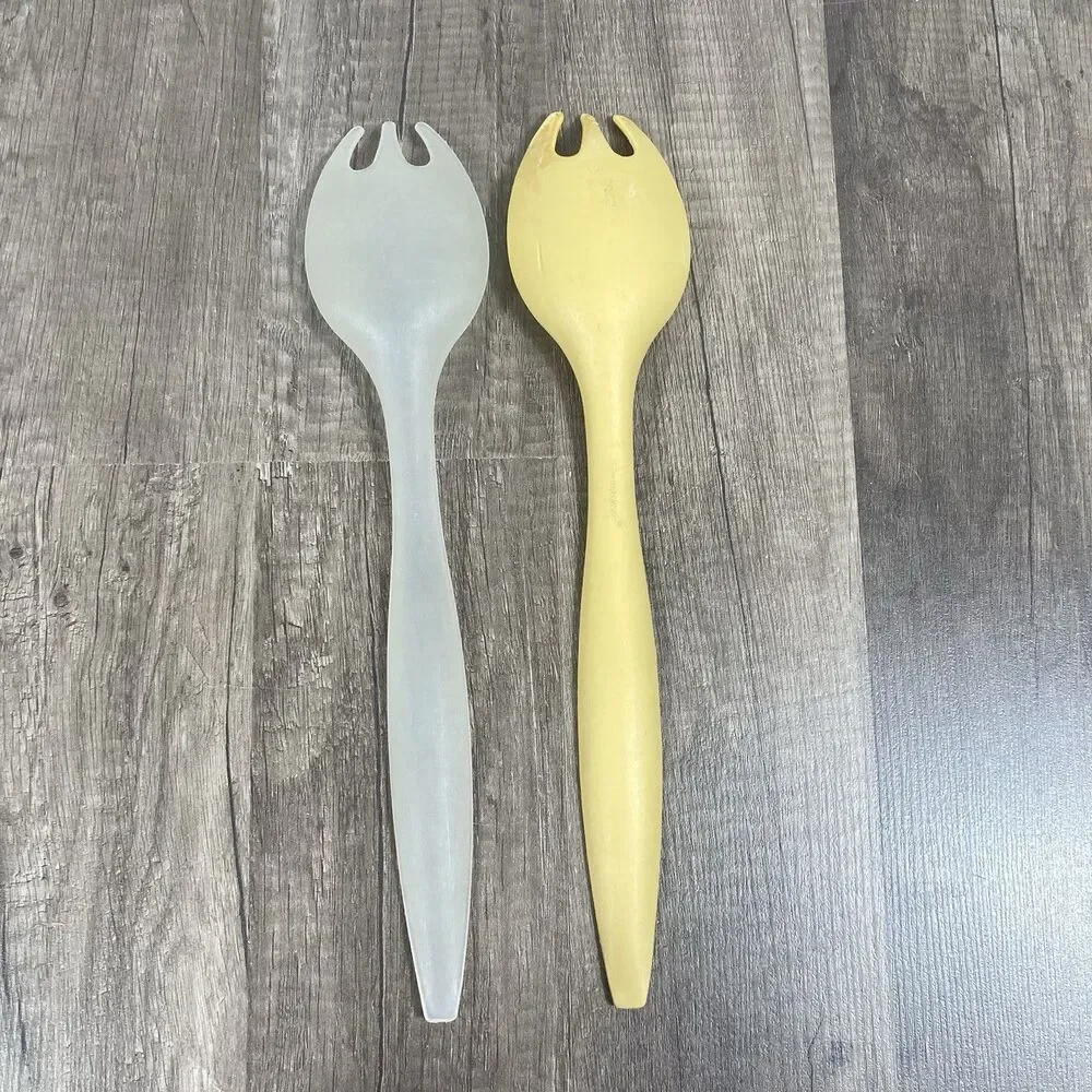 Vintage TUPPERWARE Spoons Fork Salad Serving Sporks Frosted Clear And Yellow
